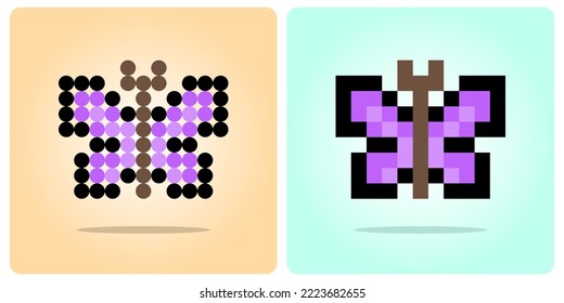 Pixel 8 bit butterfly. Animal pixels game assets in vector illustrations of 8 bit game assets. Cross stitch pattern or beads pattern vector