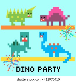 Pixel 8 bit cartoon illustration set of 4 isolated colorful variegated dinosaurs dancing with fireworks and lettering Dino party on blue background/ vector eps 10