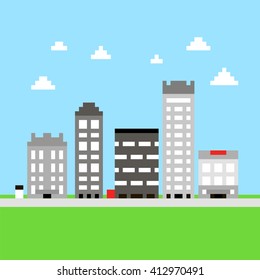 Pixel 8 bit cartoon illustration of grey different city buildings with windows and grass and blue sky with white clouds/ vector eps 10