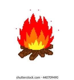 Pixel 8 bit cartoon illustration of bonfire with fire woods isolated on white background / vector eps 10