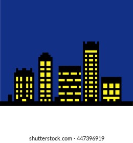 Pixel 8 bit cartoon illustration of black outline different city buildings with light windows at night isolated on dark blue background / vector eps 10