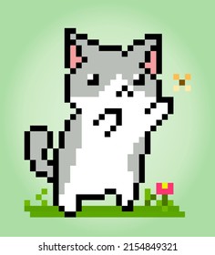 Pixel 8 bit cat catches a butterfly. Animals for game assets in vector illustrations.