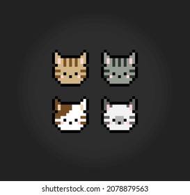 Pixel 8 bit cat face. Animals for game assets in vector illustration.