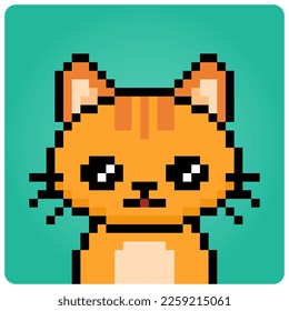 Pixel 8 bit cat head. Animal portrait for game assets in vector illustration.