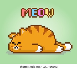 Pixel 8 bit cat is sleeping. Pets for game assets in vector illustrations.