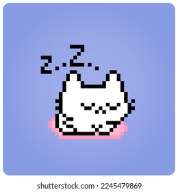 Pixel 8 bit cat is sleeping. Pets for game assets in vector illustrations.