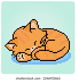 Pixel 8 bit cat is sleeping. Pets for game assets in vector illustrations.