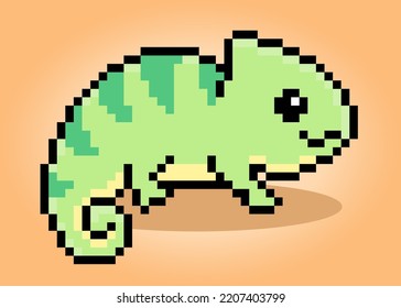 Pixel 8 bit chameleon green colored. Animal game assets in vector illustration.