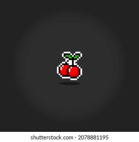 Pixel 8 bit cherry. fruits for game assets in vector illustration.