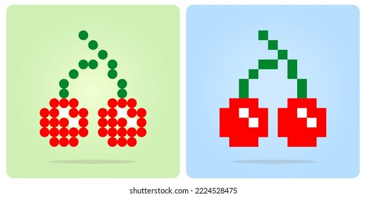 Pixel 8 bits de cereza. Frutas de píxeles para activos de juego y patrones de abalorios en ilustraciones vectoriales.