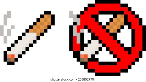 Pixel 8 bit cigarette and no smoking sign - vector, isolated