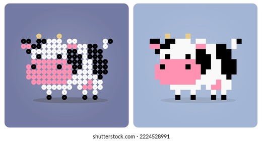 pixel 8 bit of a cow. Pixel animals for game assets of beads pattern