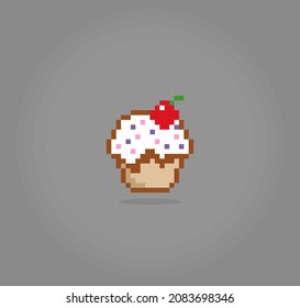 Pixel 8 bit cupcake. Food dishes in vector illustrations.