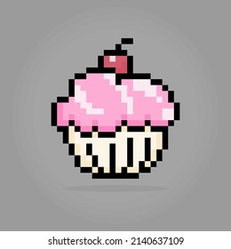 Pixel 8 bit cupcake. Food dishes in vector illustrations.