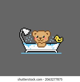 Pixel 8 bit cute bear bathing with rubber duck. Animal game assets in vector illustration.