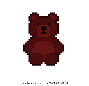 Pixel 8 bit dark red teddy bear sitting. Animal game assets in vector illustration.