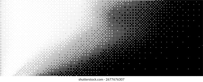 Gradiente de pontilhamento de 8 bits de pixel bg com padrão de jogo para plano de fundo de bitmap. Preto quadriculado espalhar e meio-tom ruído com azulejo duotônico e desvanecer a ilustração de canto. 2d wallpaper e grade digital.