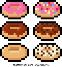 Pixel 8 bit donut pack in different flavors - vector, isolated