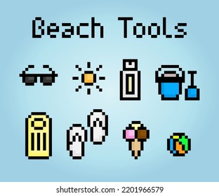 Pixel 8 bit equipment to the beach. Game asset icons in vector illustrations.