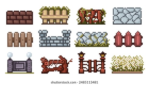 Pixel 8-Bit-Zäune. Retro-Zaun Holzdiele Stein Metall Ziegelwand, Vintage 2D Spiel Asset, Cartoon alte ländliche Grenze. Vektorgrafik-Pixelzaun-Isoliersatz.