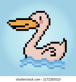 Pixel 8 bit flamingo is swimming. Animal character game assets in vector illustrations.