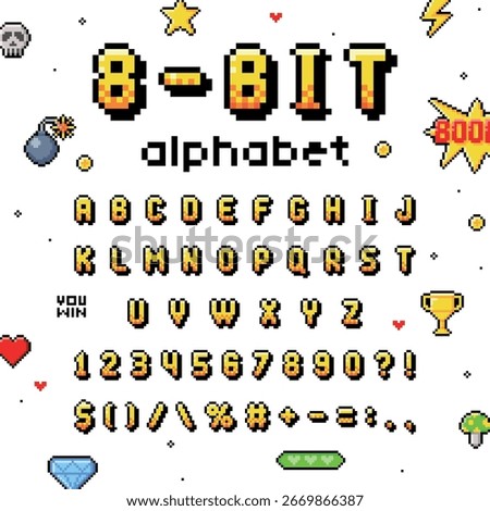 Pixel 8 Bit Font and Alphabet Letters and Numbers Vector Set