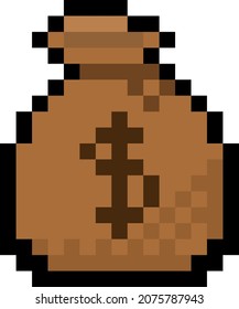 Pixel 8 bit gaming bag of money with dollars - vector, isolated
