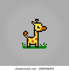 Pixel 8 bit giraffe. Animals for game assets and cross stitch pattern in vector illustration.