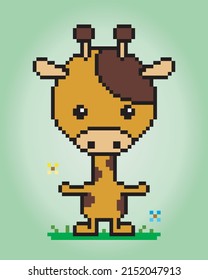 Pixel 8 bit giraffe. Animals for game assets and cross stitch pattern in vector illustration.