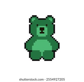 Pixel 8 bit green forest teddy bear sitting. Animal game assets in vector illustration.