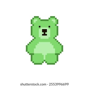 Pixel 8 bit green teddy bear sitting. Animal game assets in vector illustration.