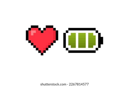 Pixel 8 bit heart with battery. Battery with charge and health level. Concept of Health scale. Gaming controller. Vector illustration.