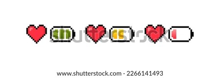 Pixel 8 bit heart with battery. Battery with different charge and health level. Concept of Health scale. Gaming controller. Vector illustration.