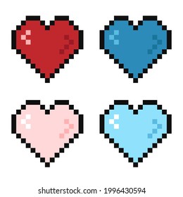 Pixel 8 bit heart in different colors, vector illustration.