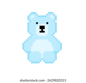 Pixel 8 bit ice blue teddy bear sitting. Animal game assets in vector illustration.