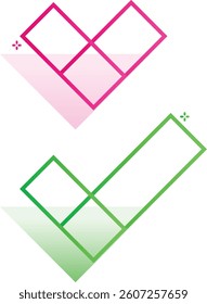 Pixel 8 bit icon of Heart and right tick with geometric grid shape.