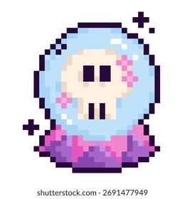 Pixel 8 Bit illustrations of a pastel crystal ball with a skull inside. Retro spooky design in pink, purple, and blue tones, perfect for Halloween, gaming aesthetics, stickers, and print projects.