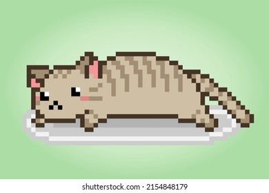 Pixel gato 8 bits perezoso. Animales para activos de juego en ilustración vectorial.