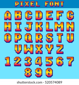 Pixel 8 Bit Letters And Numbers Vector Game Font, Digital Alphabet, Typeface