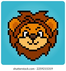 Pixel 8 bit lion head. Animal portrait for game assets in vector illustration.