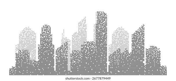 Pixel and 8 bit modern city skyline isolated on a white background. Smart city buildings abstract background. Vector illustration.