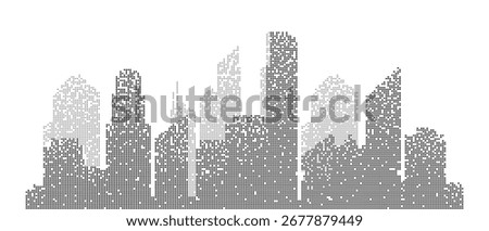 Pixel and 8 bit modern city skyline isolated on a white background. Smart city buildings abstract background. Vector illustration.