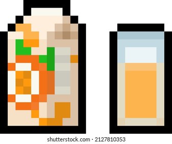 Pixel 8 bit orange juice pack and glass - vector, isolated