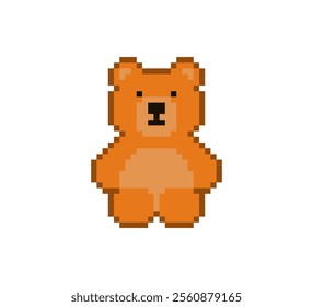 Pixel 8 bit orange teddy bear sitting. Animal game assets in vector illustration.