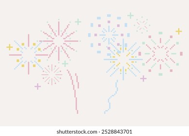 Pixel 8 Bit pastel einfache flache Linie Feuerwerk Sammlung. Minimale süße Illustration, isolierter Hintergrund. Gestaltungskonzept für Feiertagsbanner, Feier, Poster, Grußkarte, Dekoelemente