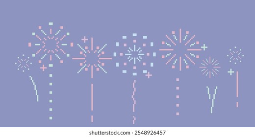 Pixel 8 bit pastel simple flat line fireworks collection. Minimal cute illustration isolated background. Design concept for holiday banner, celebration, poster, greeting card, decorative elements