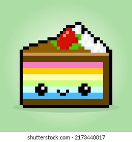 Pixel 8 bit A piece of rainbow cake. Birthday cake in vector illustration for game assets and cross stitch pattern.