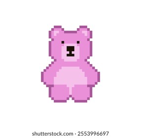 Pixel 8 bit pink teddy bear sitting. Animal game assets in vector illustration.