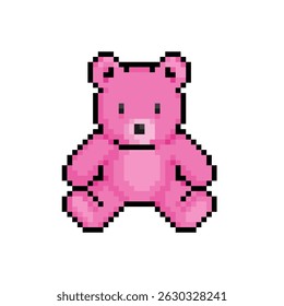 Pixel 8 bit pink teddy bear sitting. Animal game assets in vector illustration.