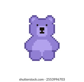 Pixel 8 bit purple teddy bear sitting. Animal game assets in vector illustration.